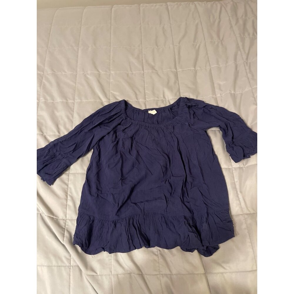 Beachlunchlounge Womens Navy Blue Crinkle Blouse With Ruffle Hem & 3/4 Sleeves X